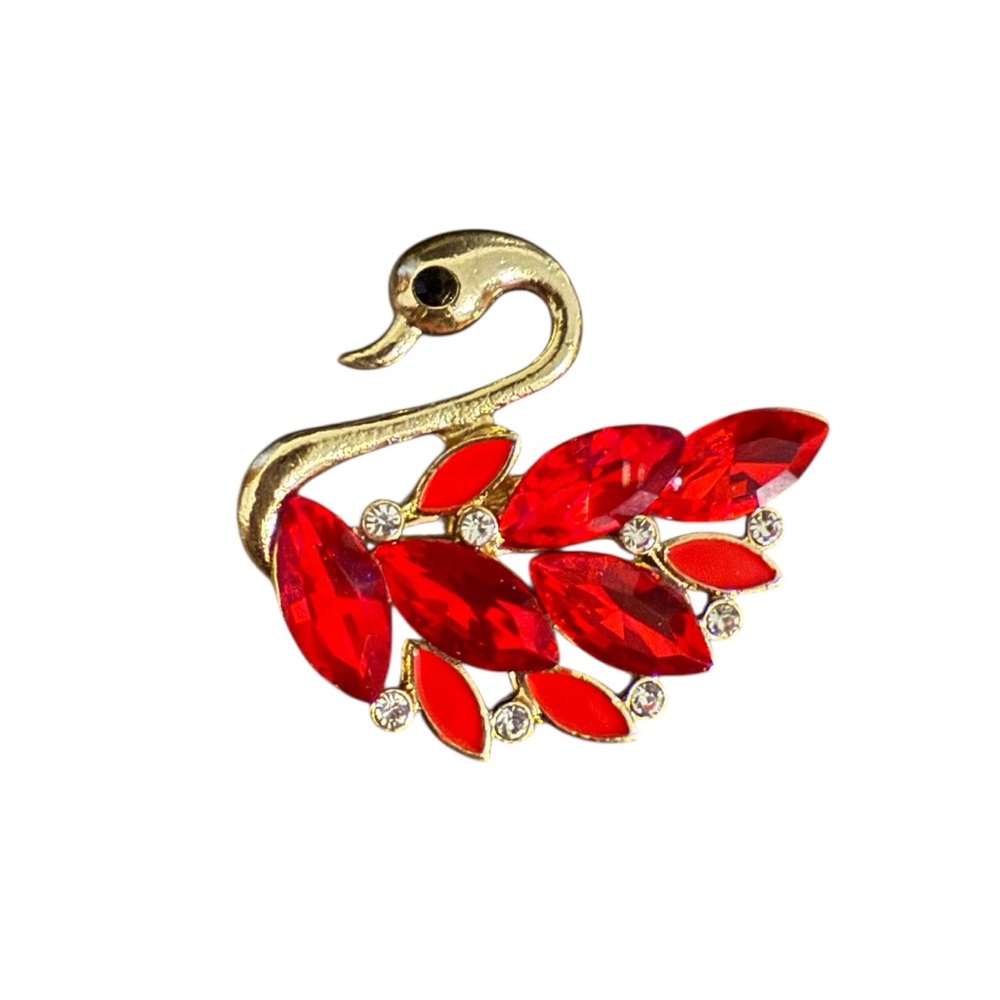 Red Swan in Gold Tone Brooch with Crystal Details